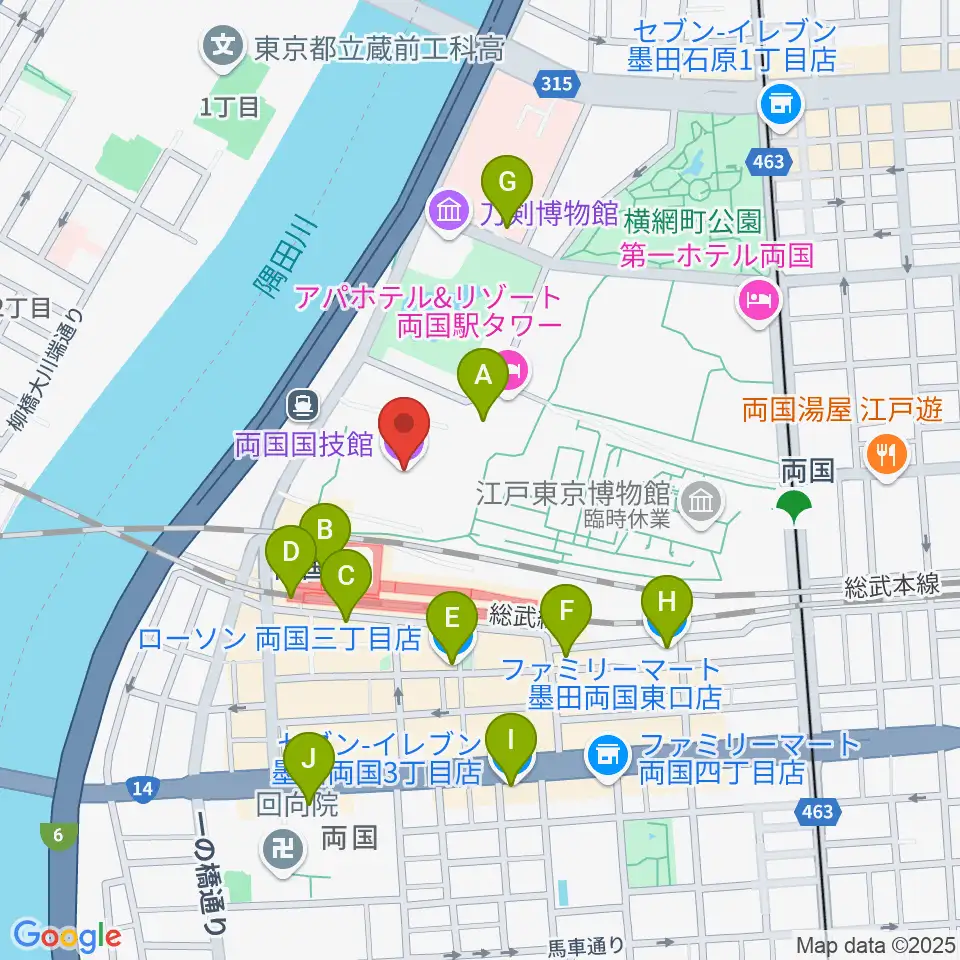 両国国技館周辺のコンビニエンスストア一覧地図