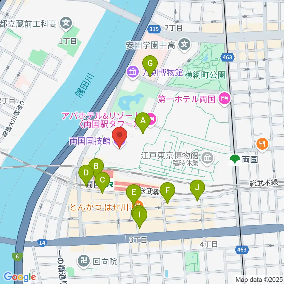 両国国技館周辺のコンビニエンスストア一覧地図