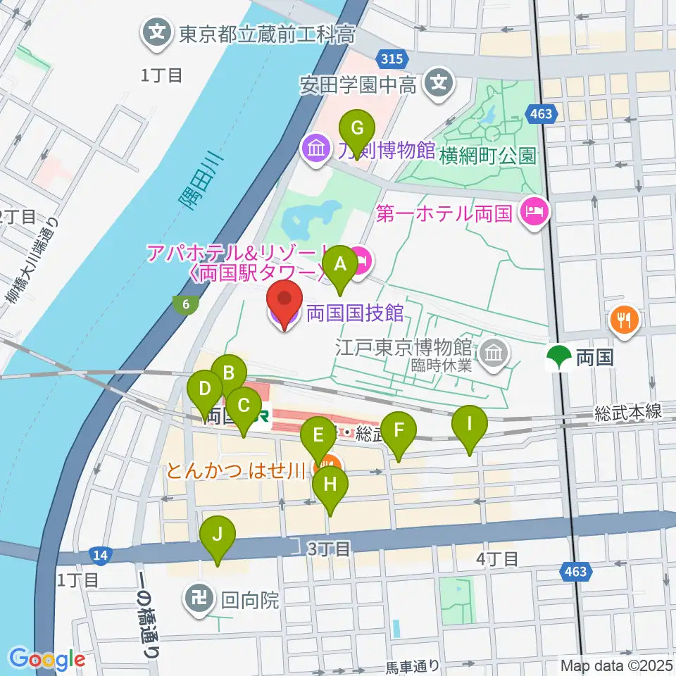 両国国技館周辺のコンビニエンスストア一覧地図