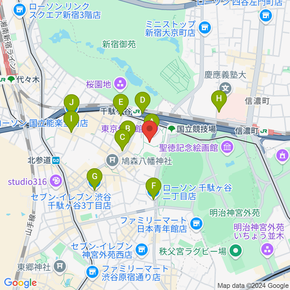 東京体育館周辺のコンビニエンスストア一覧地図