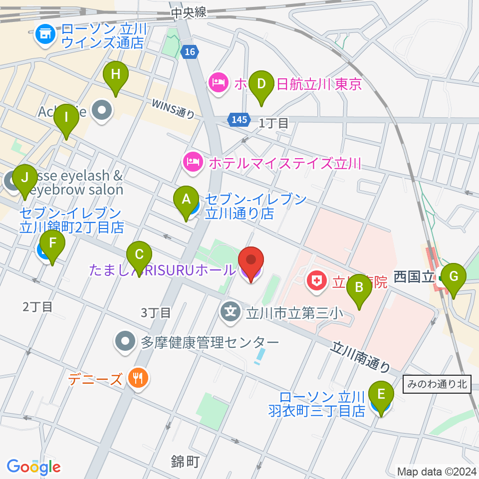 たましんRISURUホール周辺のコンビニエンスストア一覧地図