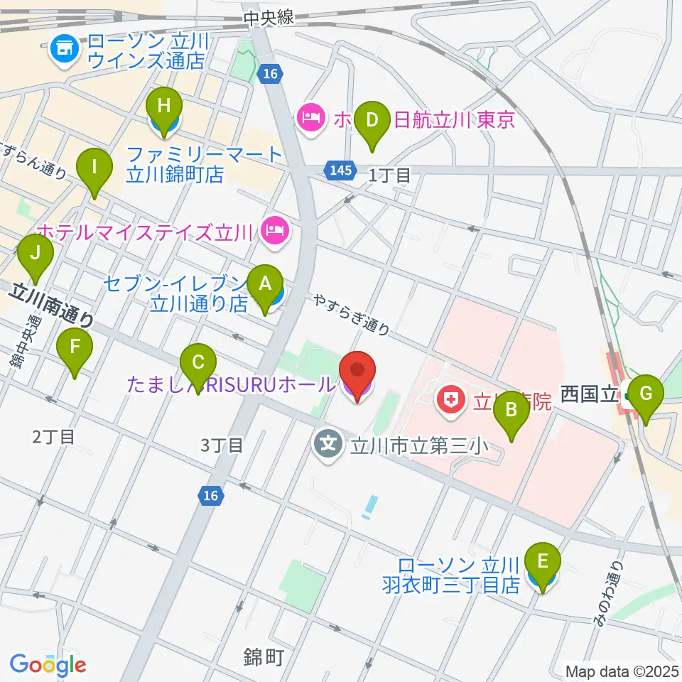たましんRISURUホール周辺のコンビニエンスストア一覧地図