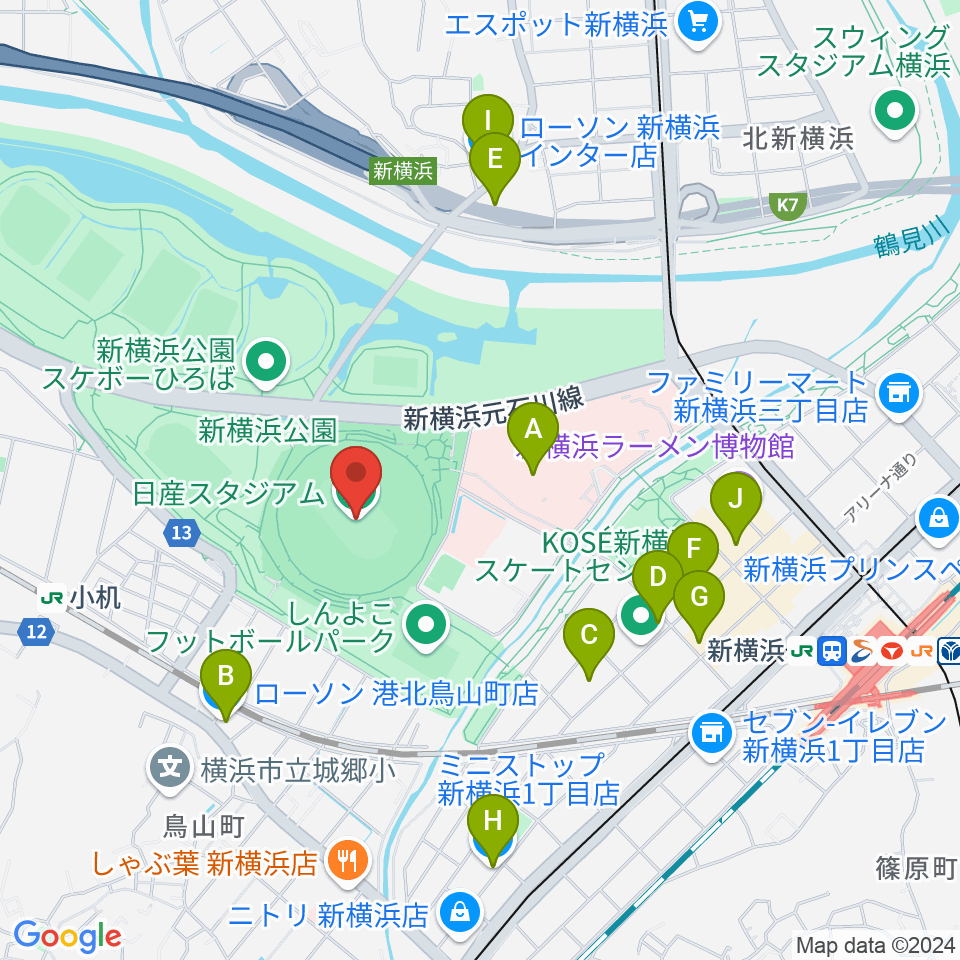 日産スタジアム周辺のコンビニエンスストア一覧地図