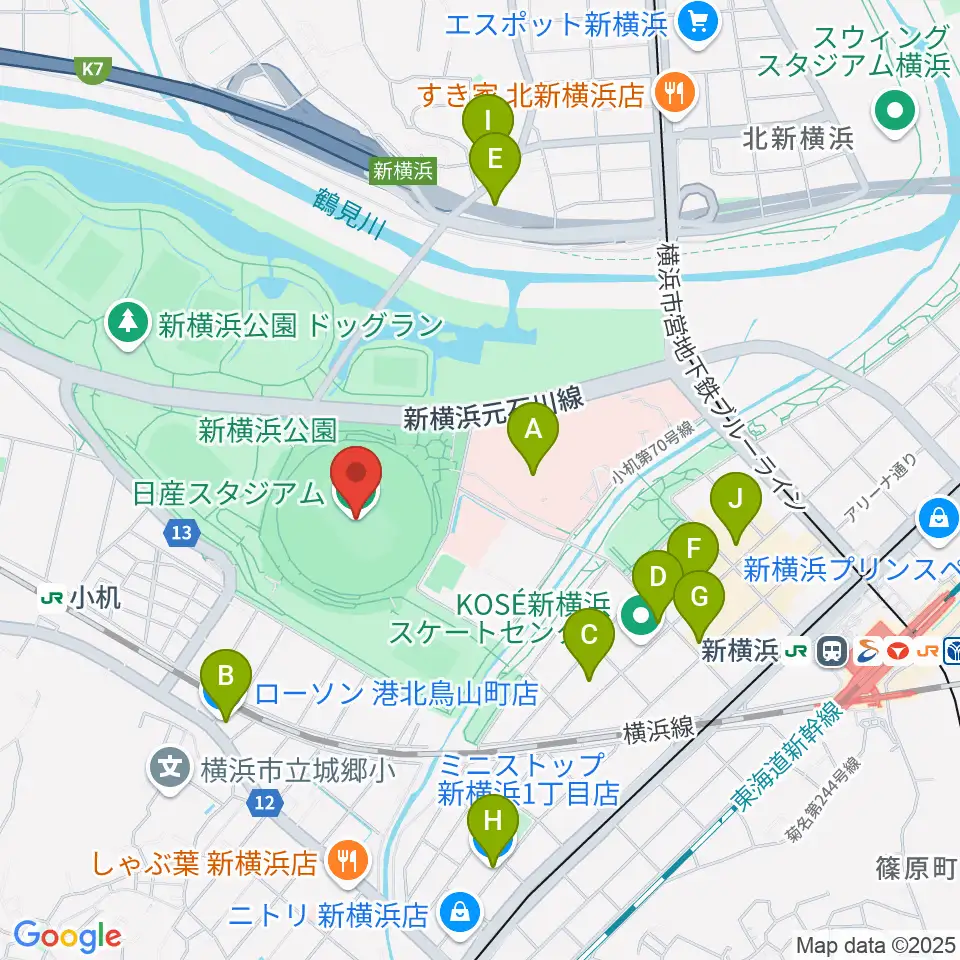 日産スタジアム周辺のコンビニエンスストア一覧地図