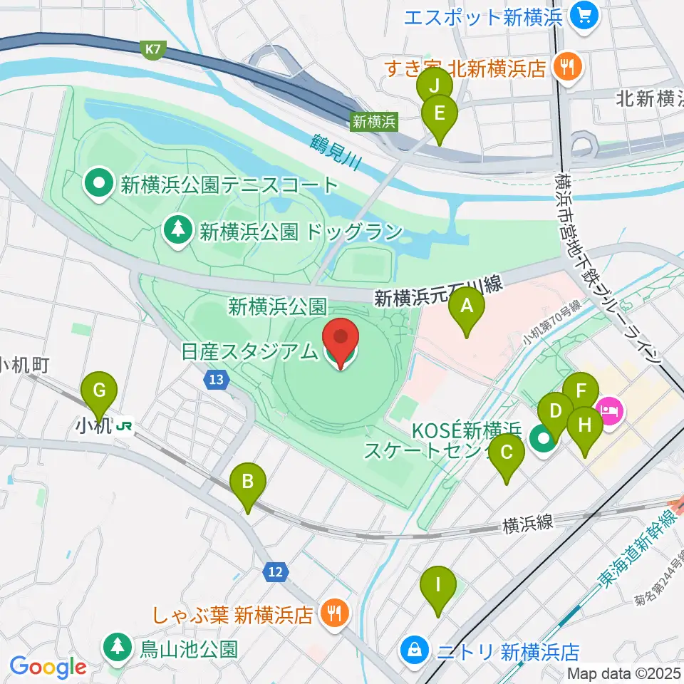 日産スタジアム周辺のコンビニエンスストア一覧地図