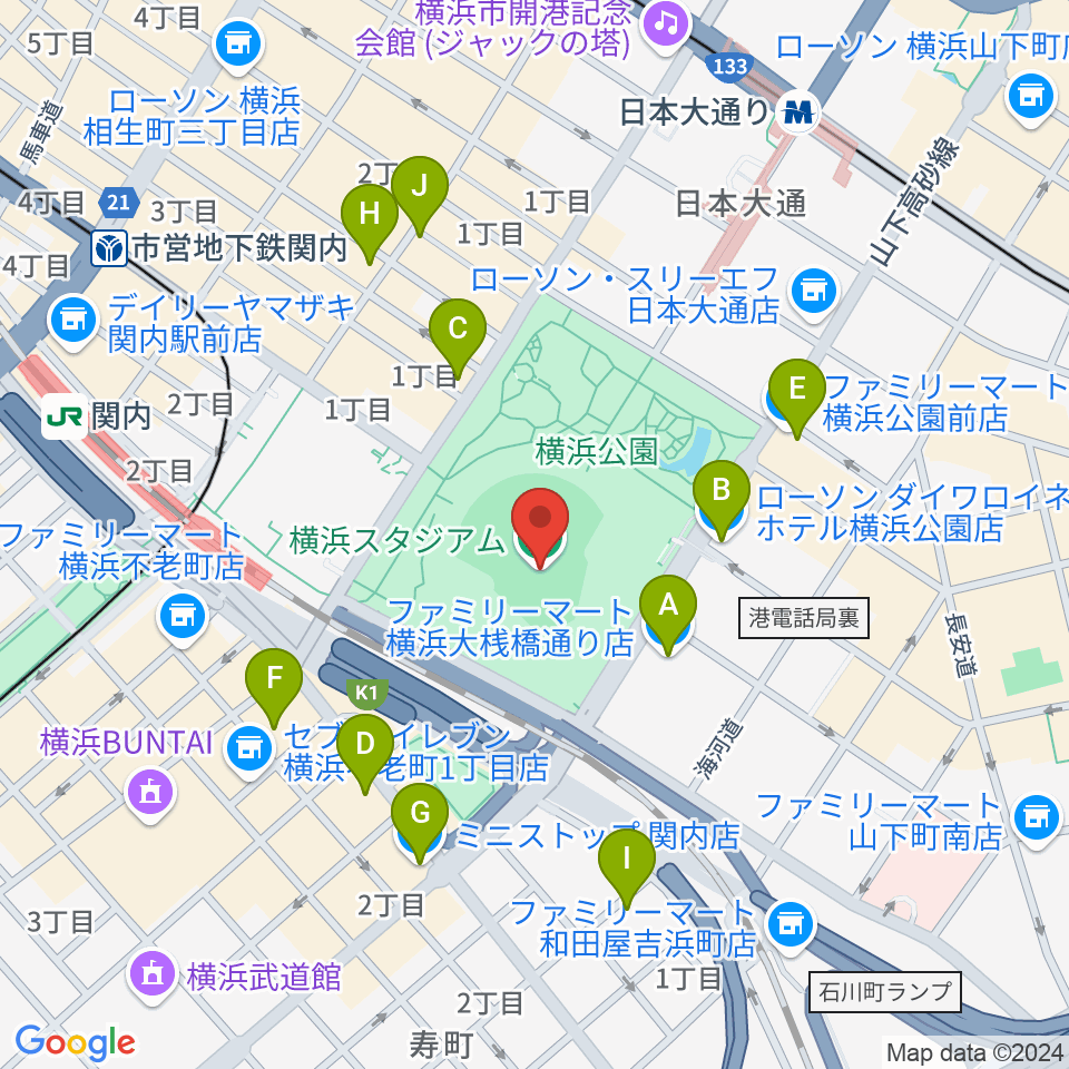 横浜スタジアム周辺のコンビニエンスストア一覧地図