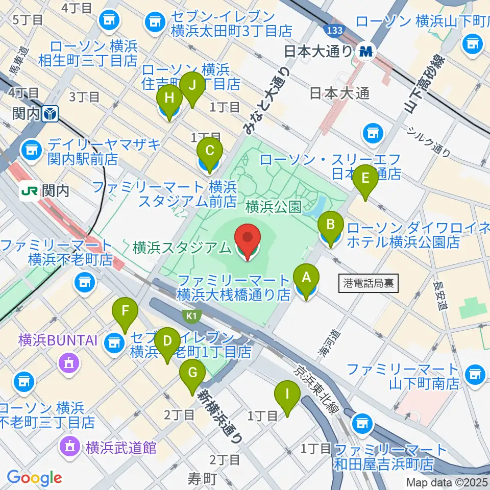 横浜スタジアム周辺のコンビニエンスストア一覧地図