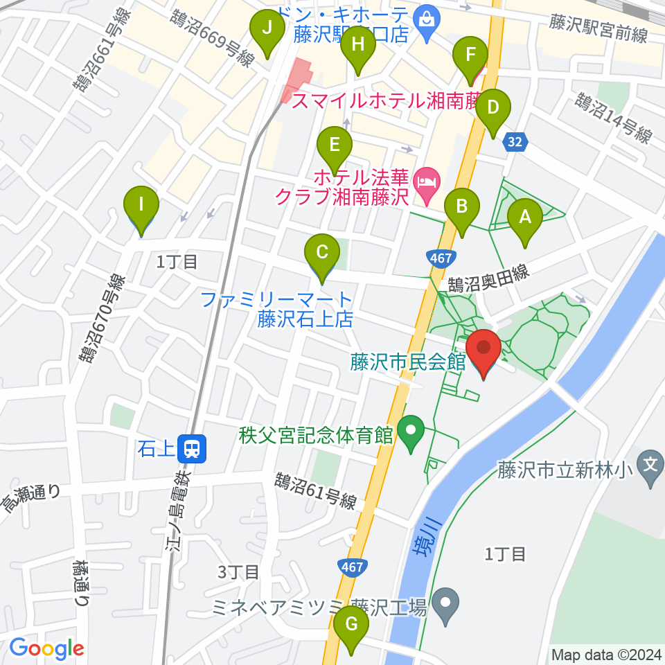 藤沢市民会館周辺のコンビニエンスストア一覧地図