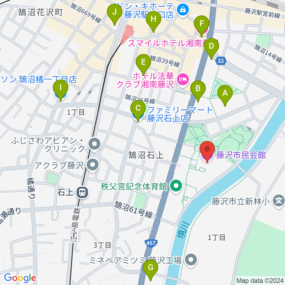 藤沢市民会館周辺のコンビニエンスストア一覧地図