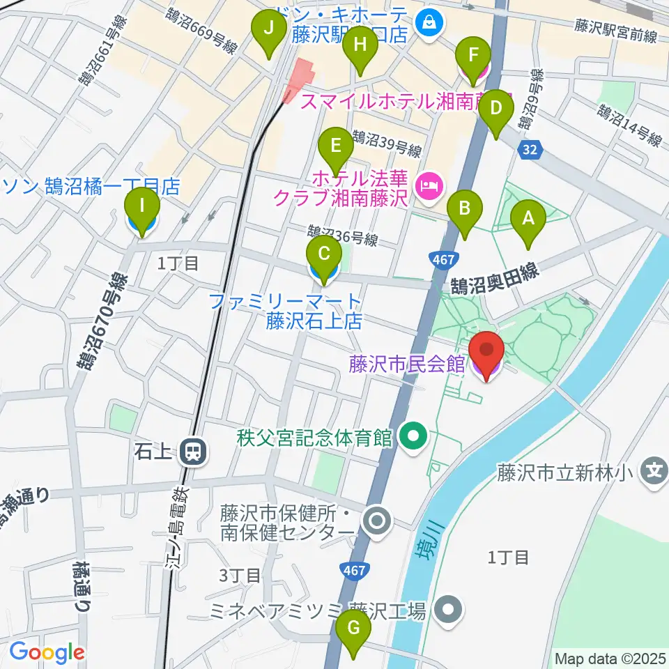 藤沢市民会館周辺のコンビニエンスストア一覧地図