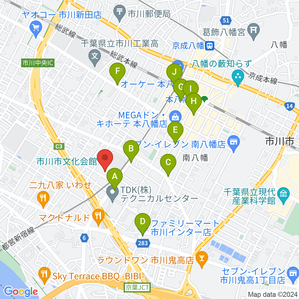 市川市文化会館周辺のコンビニエンスストア一覧地図