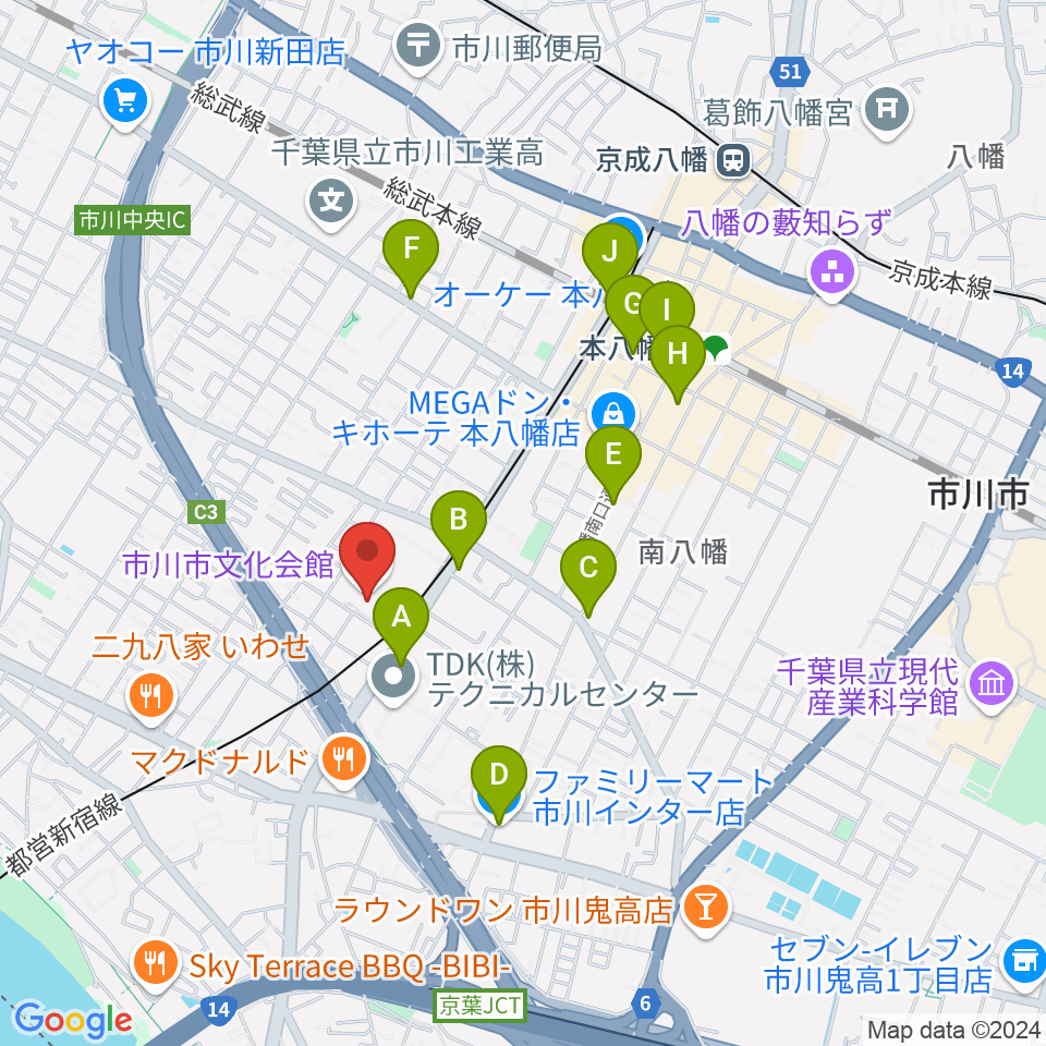 市川市文化会館周辺のコンビニエンスストア一覧地図