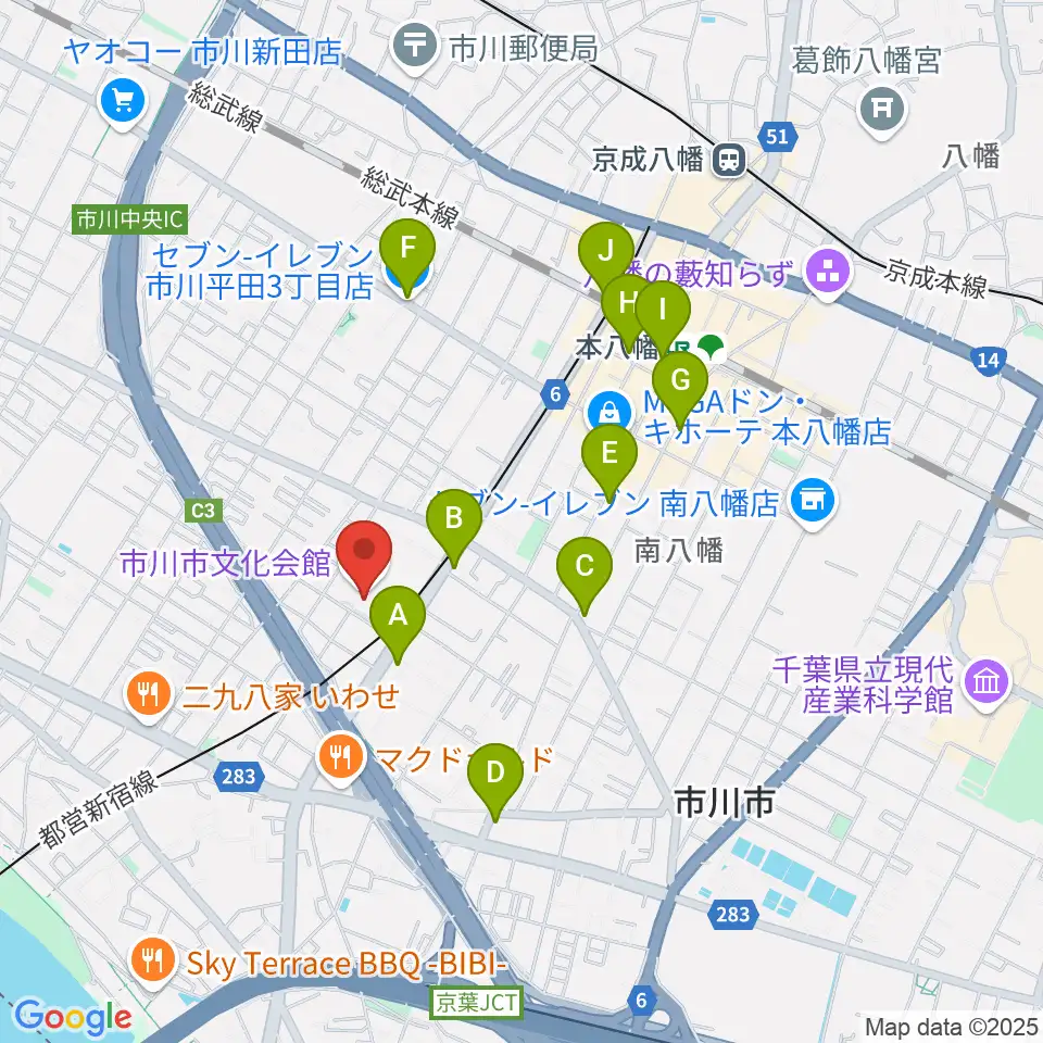 市川市文化会館周辺のコンビニエンスストア一覧地図