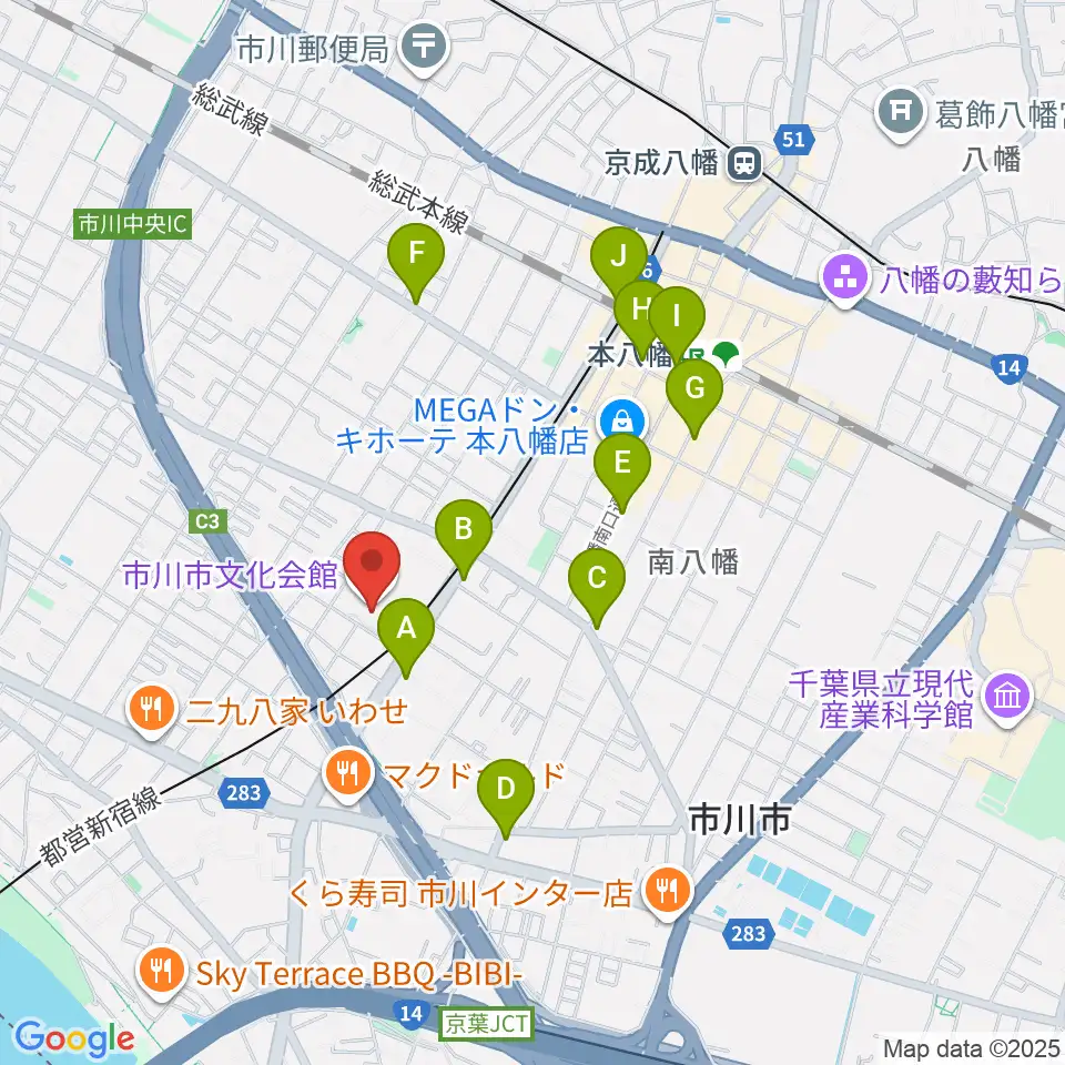 市川市文化会館周辺のコンビニエンスストア一覧地図