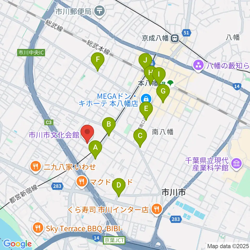 市川市文化会館周辺のコンビニエンスストア一覧地図