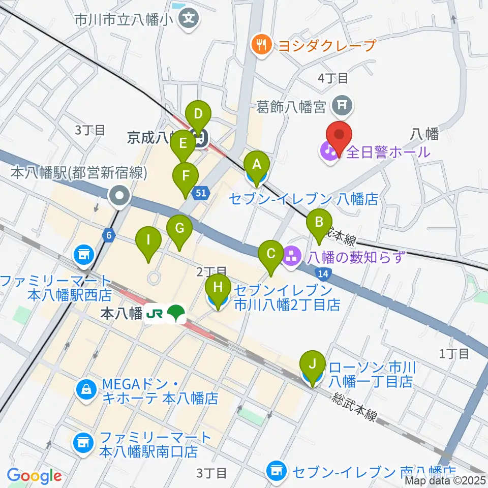 全日警ホール周辺のコンビニエンスストア一覧地図