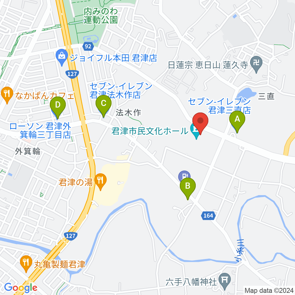 君津市民文化ホール周辺のコンビニエンスストア一覧地図