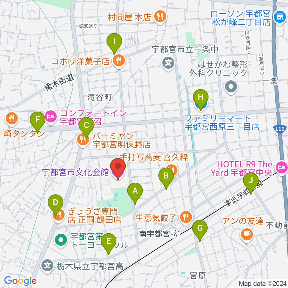 宇都宮市文化会館周辺のコンビニエンスストア一覧地図