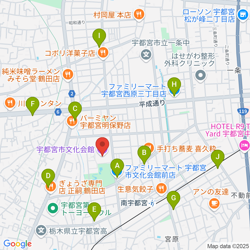 宇都宮市文化会館周辺のコンビニエンスストア一覧地図