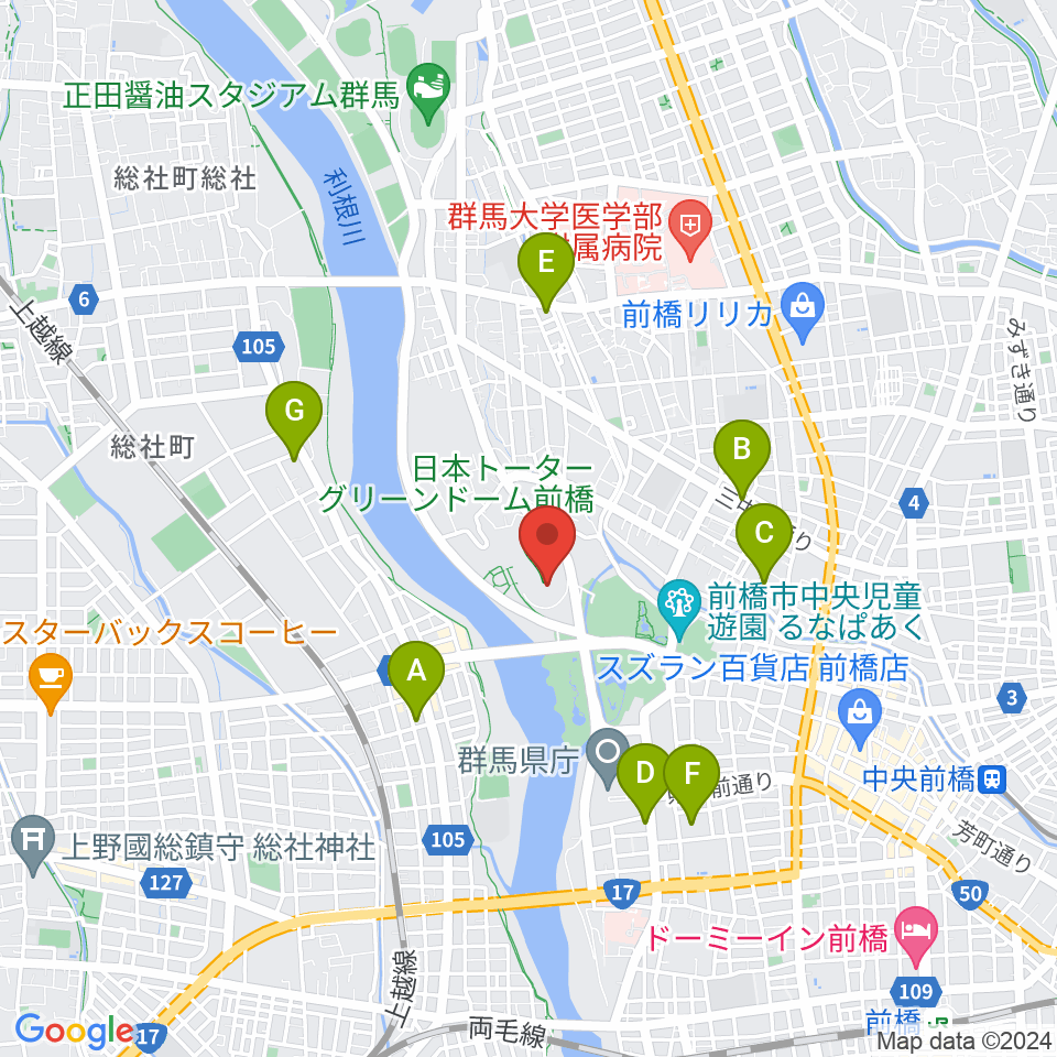 日本トーターグリーンドーム前橋周辺のコンビニエンスストア一覧地図