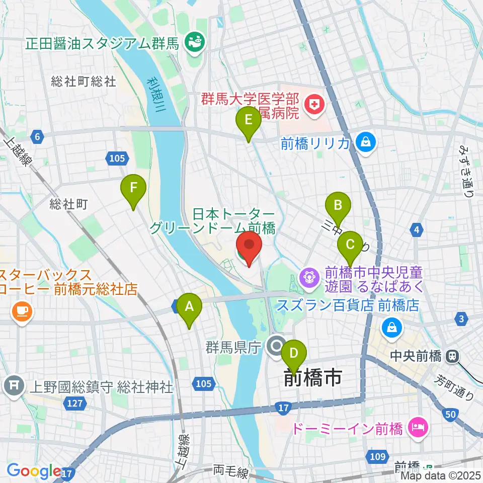 日本トーターグリーンドーム前橋周辺のコンビニエンスストア一覧地図
