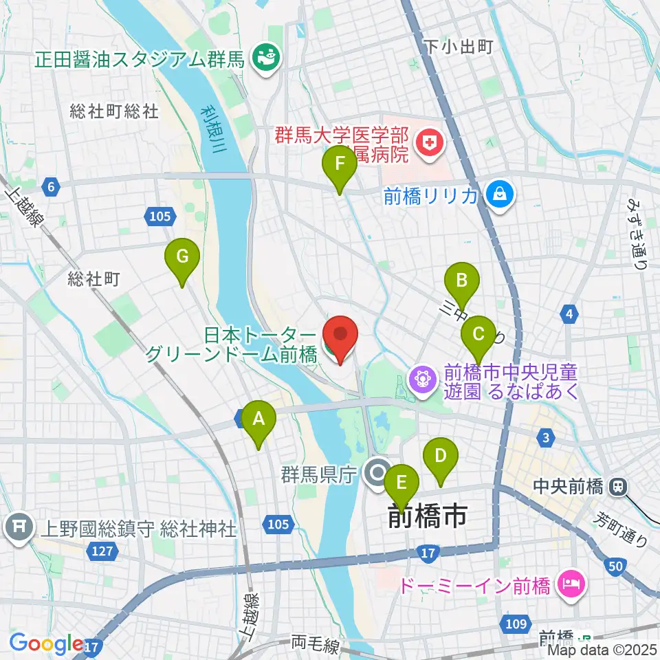 日本トーターグリーンドーム前橋周辺のコンビニエンスストア一覧地図