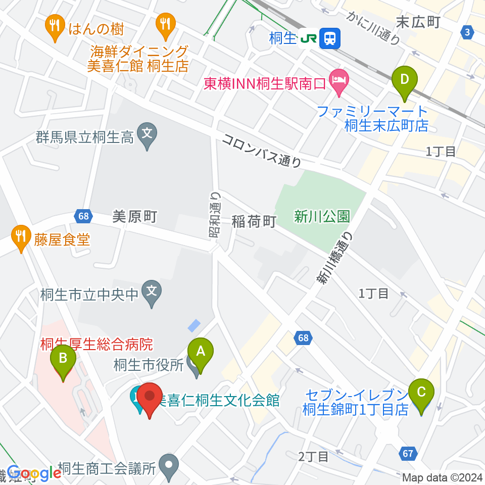美喜仁桐生文化会館周辺のコンビニエンスストア一覧地図