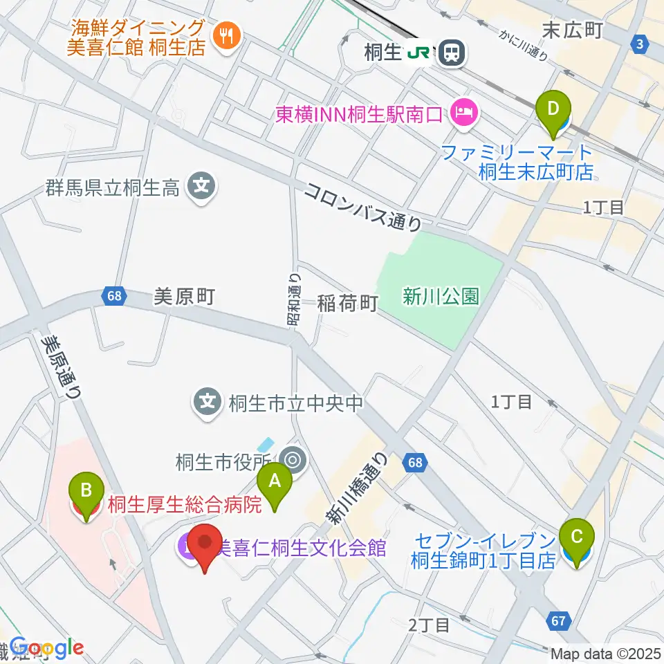 美喜仁桐生文化会館周辺のコンビニエンスストア一覧地図
