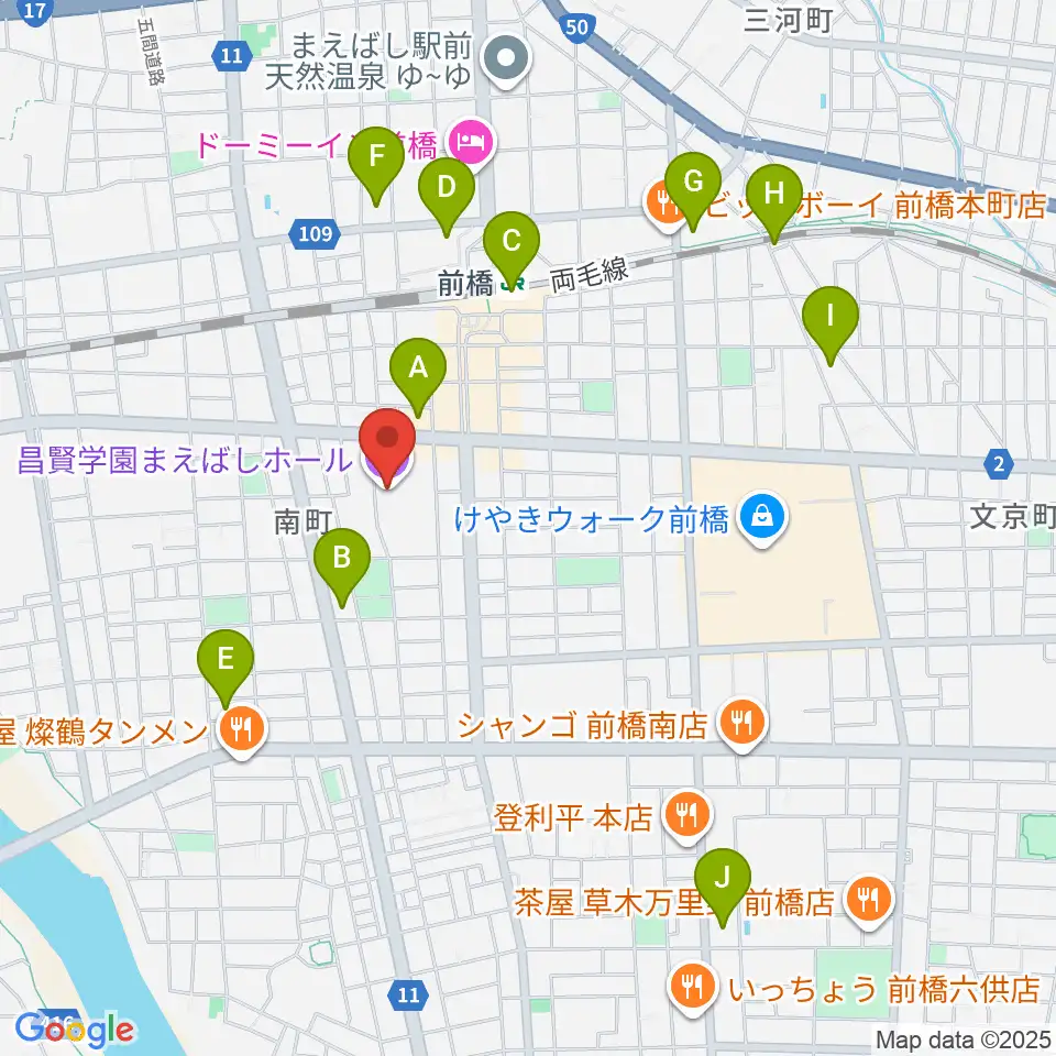 昌賢学園まえばしホール周辺のコンビニエンスストア一覧地図