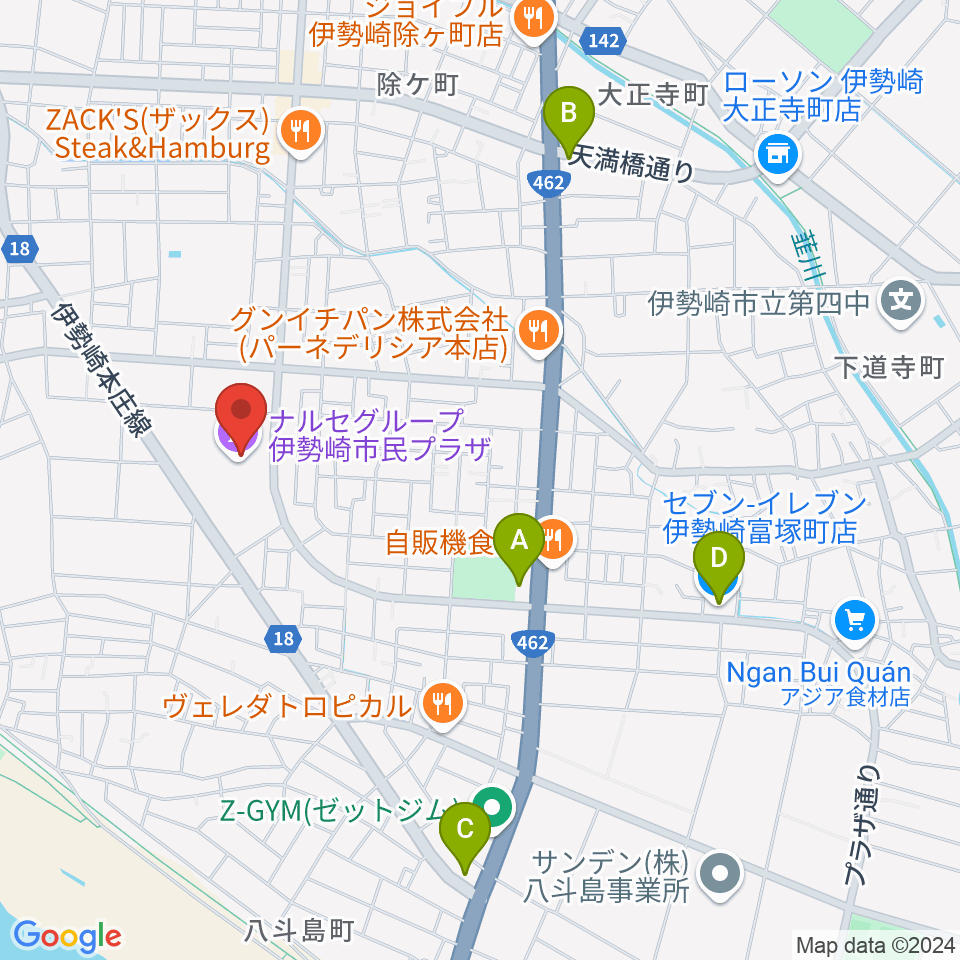 ナルセグループ伊勢崎市民プラザ周辺のコンビニエンスストア一覧地図