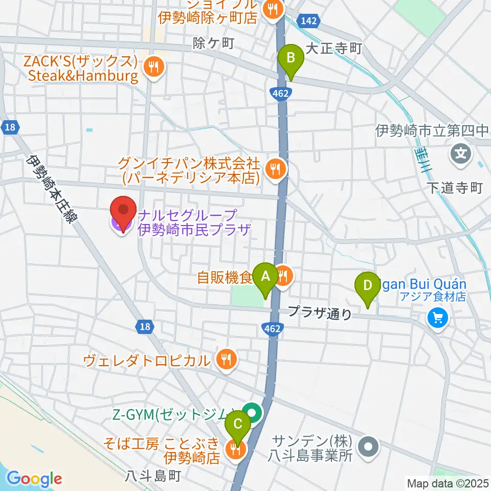ナルセグループ伊勢崎市民プラザ周辺のコンビニエンスストア一覧地図