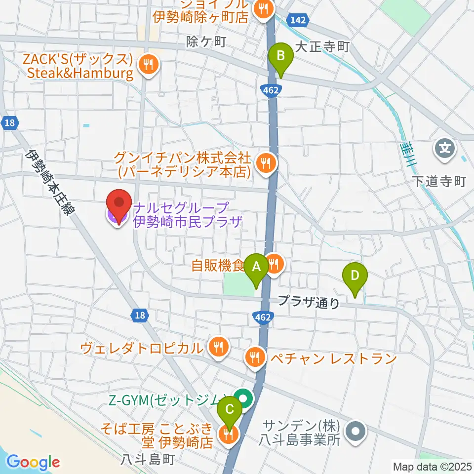 ナルセグループ伊勢崎市民プラザ周辺のコンビニエンスストア一覧地図