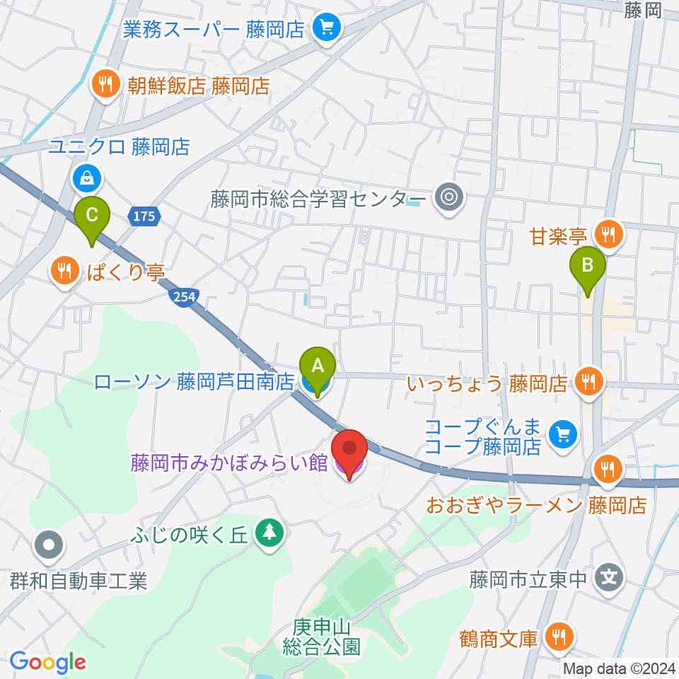 藤岡市みかぼみらい館周辺のコンビニエンスストア一覧地図