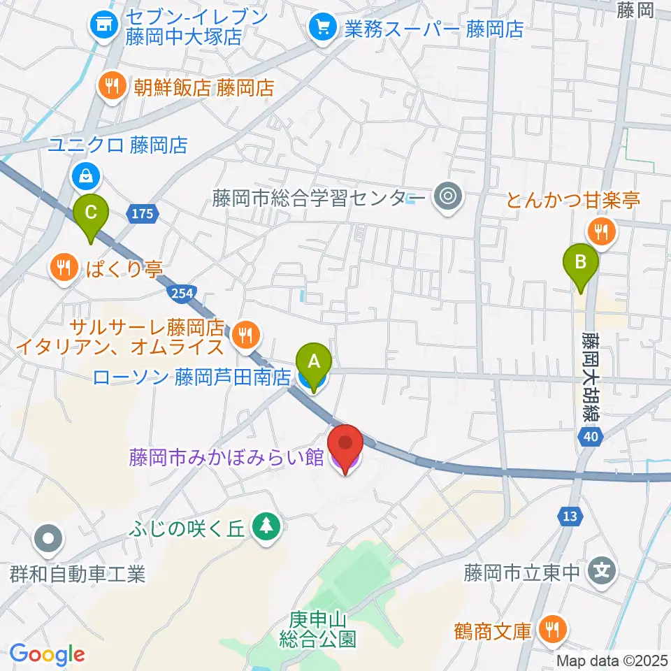 藤岡市みかぼみらい館周辺のコンビニエンスストア一覧地図