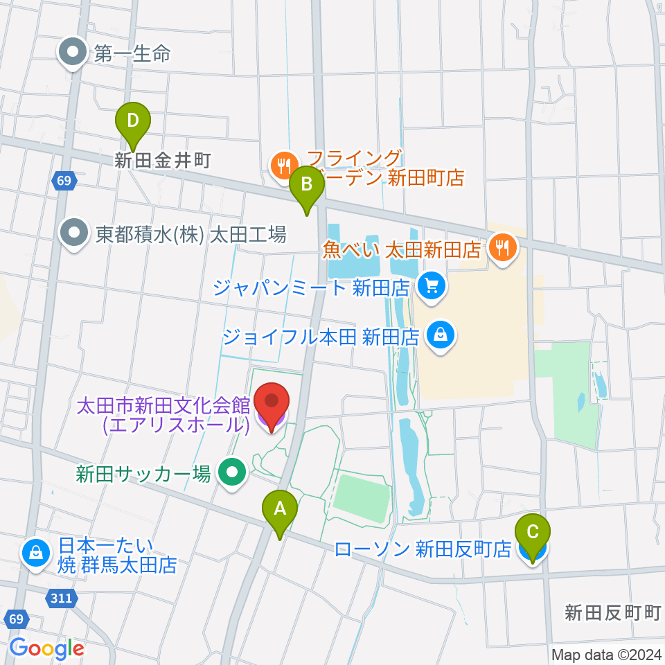 太田市新田文化会館エアリスホール周辺のコンビニエンスストア一覧地図