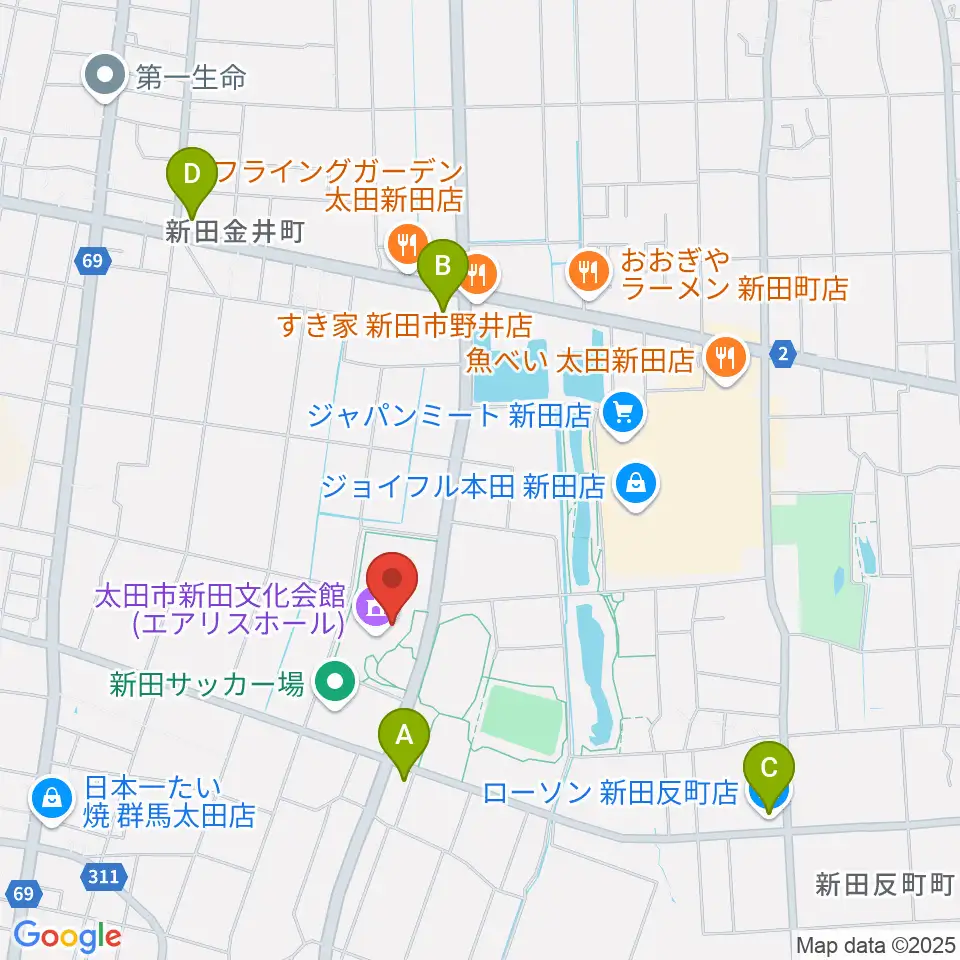 太田市新田文化会館エアリスホール周辺のコンビニエンスストア一覧地図