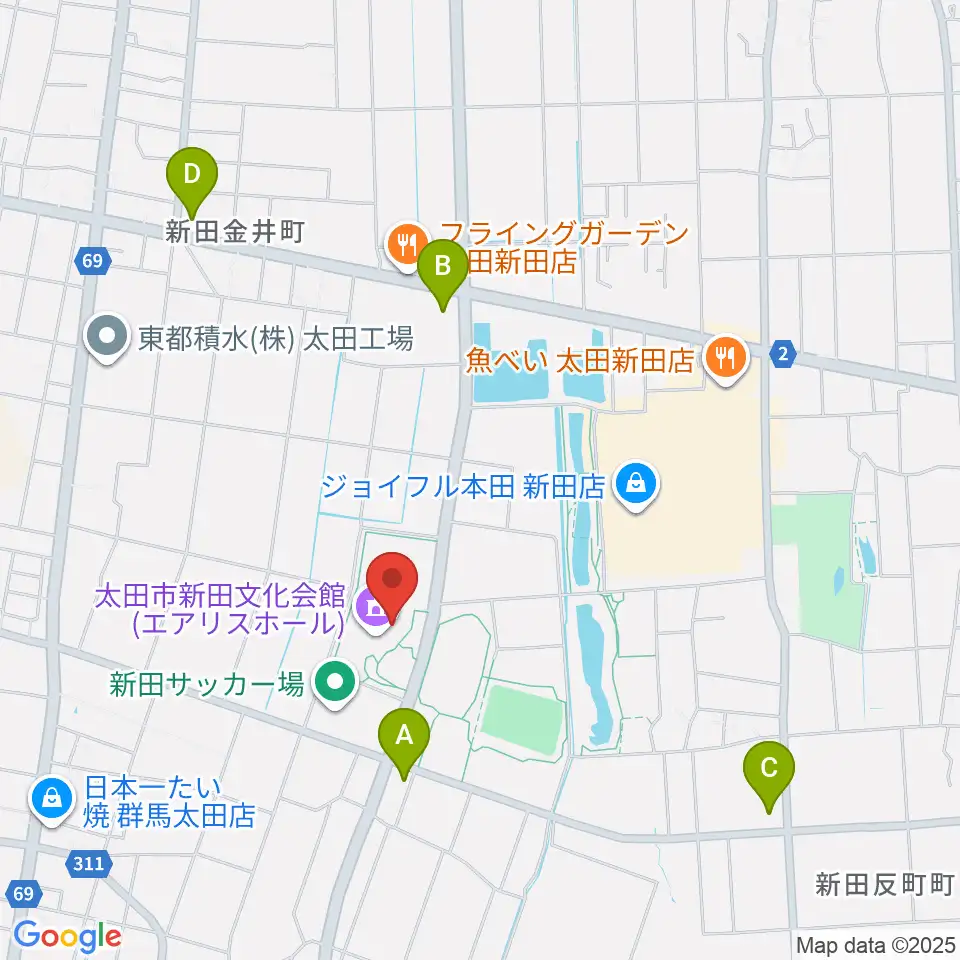 太田市新田文化会館エアリスホール周辺のコンビニエンスストア一覧地図