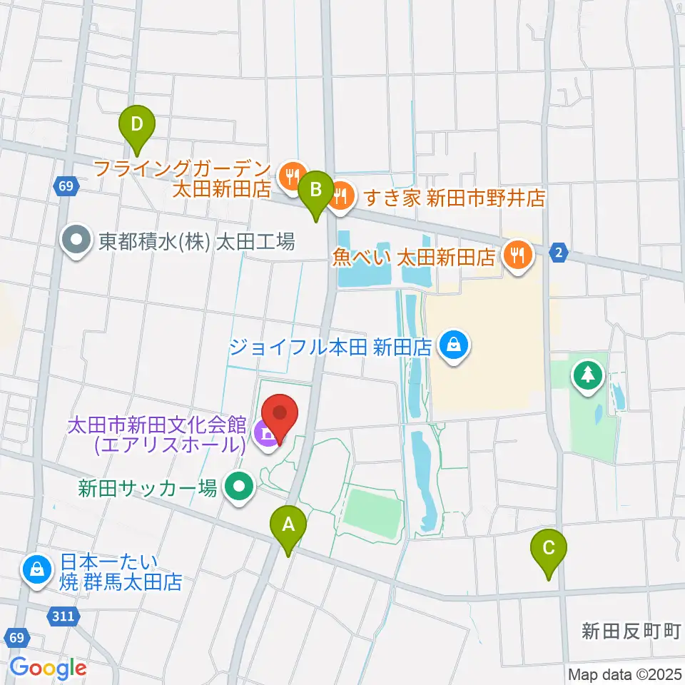 太田市新田文化会館エアリスホール周辺のコンビニエンスストア一覧地図