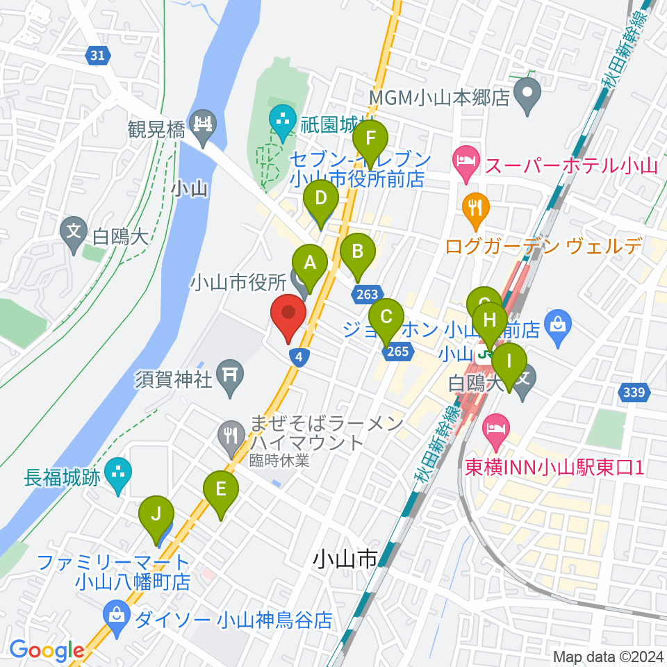 小山市立文化センター周辺のコンビニエンスストア一覧地図