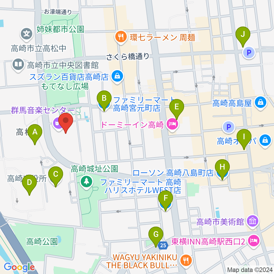 群馬音楽センター周辺のコンビニエンスストア一覧地図