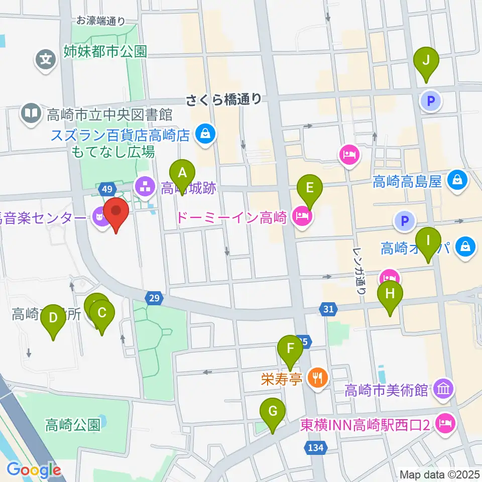 群馬音楽センター周辺のコンビニエンスストア一覧地図
