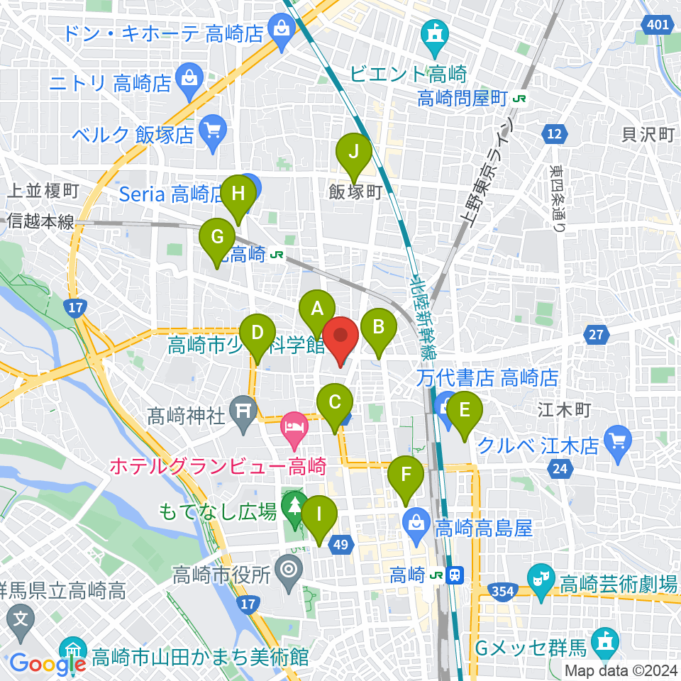 高崎市文化会館周辺のコンビニエンスストア一覧地図