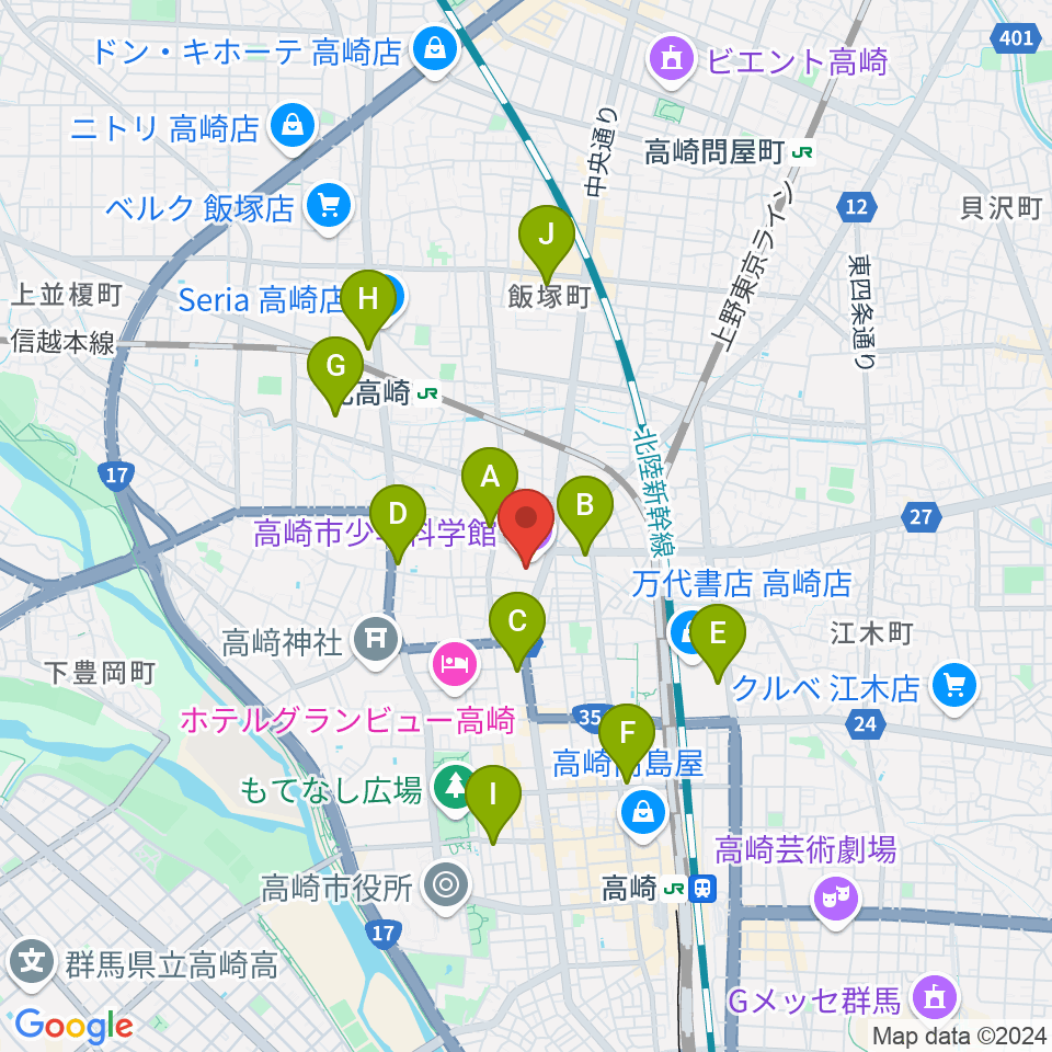 高崎市文化会館周辺のコンビニエンスストア一覧地図