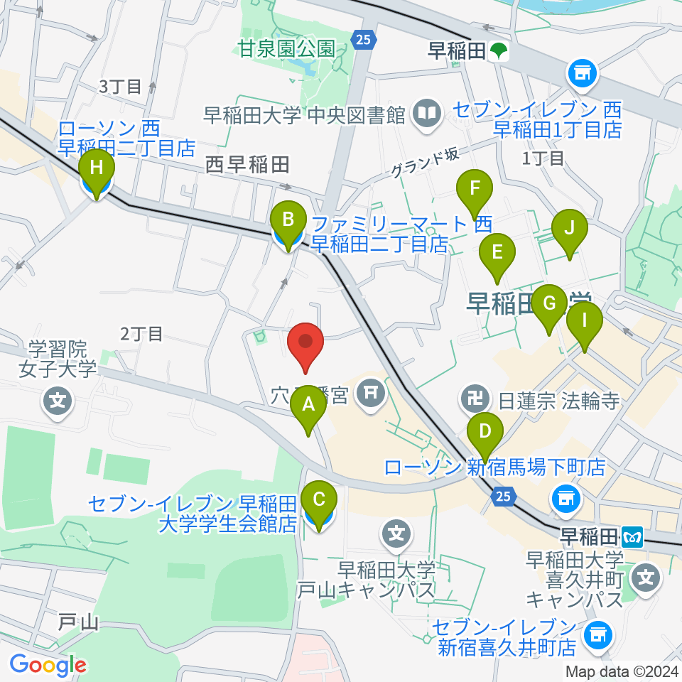 早稲田奉仕園スコットホール周辺のコンビニエンスストア一覧地図