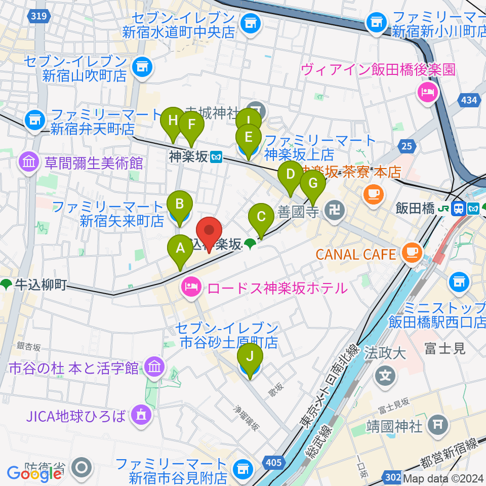 牛込箪笥区民ホール周辺のコンビニエンスストア一覧地図