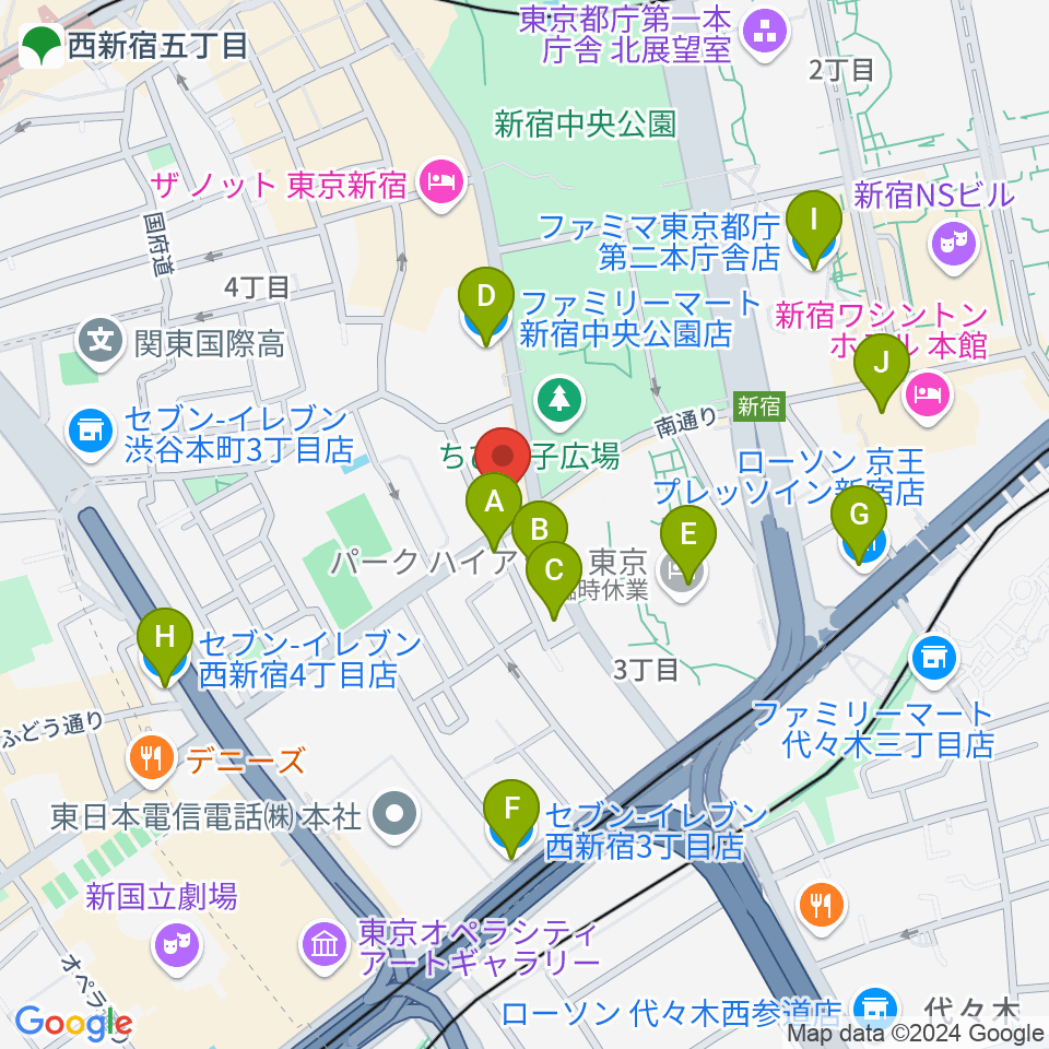 角筈区民ホール周辺のコンビニエンスストア一覧地図