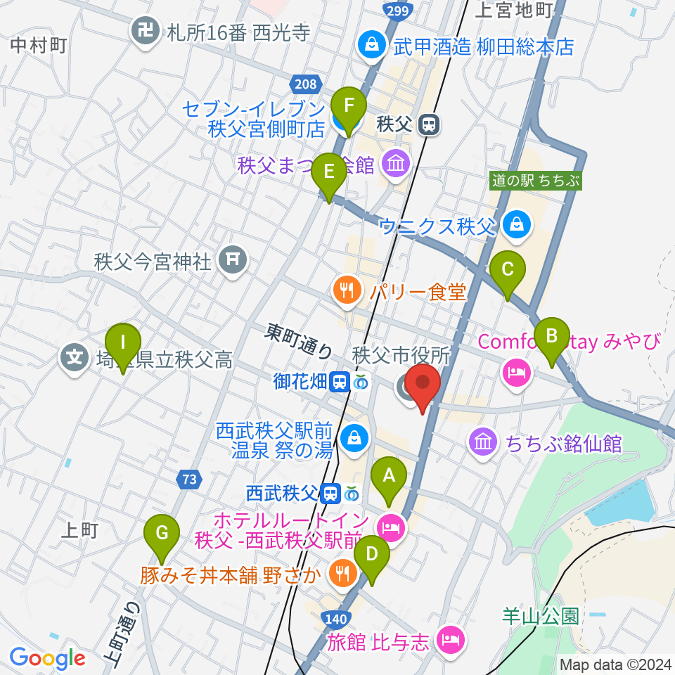 秩父宮記念市民会館周辺のコンビニエンスストア一覧地図