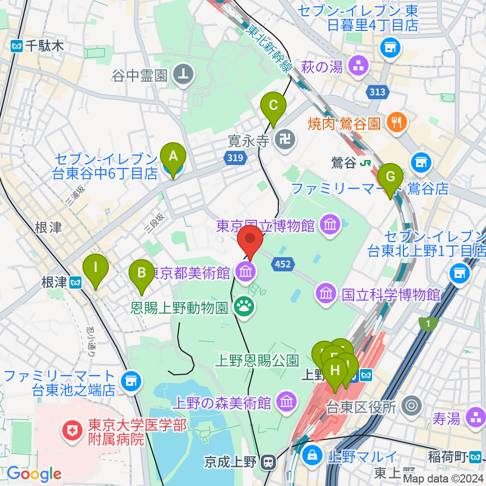 旧東京音楽学校奏楽堂周辺のコンビニエンスストア一覧地図